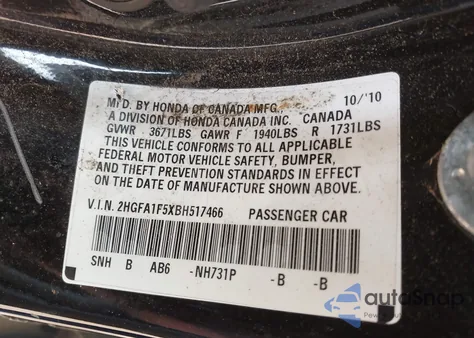 2011 Honda Civic Lx z USA, uszkodzony, nr VIN 2HGFA1F5XBH517466